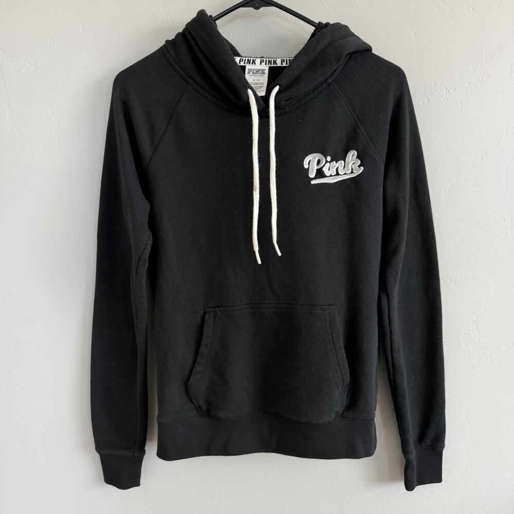 Y2K Victorias Secret PINK Women’s Size S Black Hoodie Embroidered Logo 2015 - Picture 1 of 6